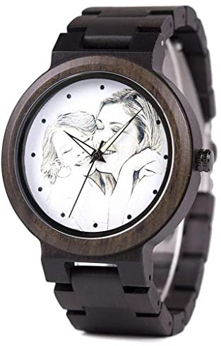 YCYR Personalisierte Maßgeschneiderte Holzuhr Für Männer Gravierte Foto-Naturholzuhren Mit Verstellbarem Armband Für Geburtstagsgeschenk Für Ehemann, Vater, Sohn Oder Freund,Schwarz