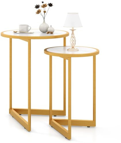 COSTWAY 2er Set Couchtisch mit Marmoroptik, Beistelltisch Holz mit goldfarbenem Metallbeinen, Kaffeetische Satz modern, kompakt, für Wohnzimmer und Schlafzimmer, weiß