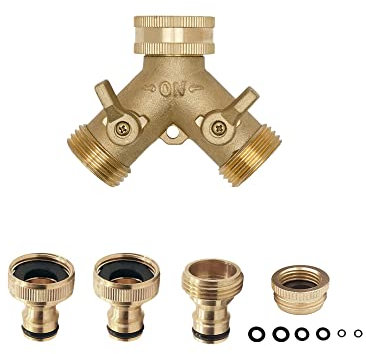 TOPWAYS 2 Way Brass Garden Hose Splitter Tap Connector, Dual Tap Y Hose Connector with Individual On/Off Valves Quick Connector and 2/1 to 3/4 Faucet Adapter for Gardens Irrigation (2 Way)