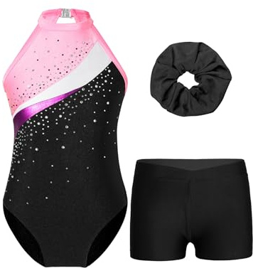 iiniim Kinder Mädchen Turnanzug Gymnastikanzug Ärmellos Ballettanzug Tanzbody mit Strass Ballett Trikot Gymnastik Leotard Gr.104-176 Schwarz&Rosa 140