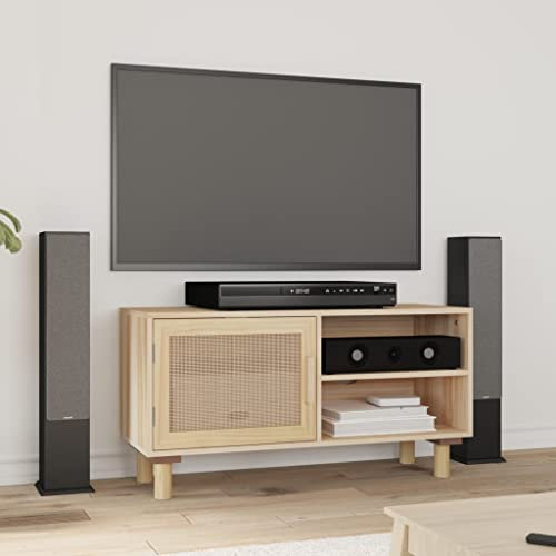 INLIFE TV-Schrank Braun 80x30x40 cm Massivholz Kiefer und Natur-Rattan,Braun,10.6KG,345614