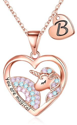 TINGN Rose Gold Necklaces for Teen Girls, Rose Gold Unicorns Gifts for Girls Heart Necklace for Girls Unicorn Necklace for Girls Rose Gold Necklace for Teen Girls B Initial Necklaces for Girls