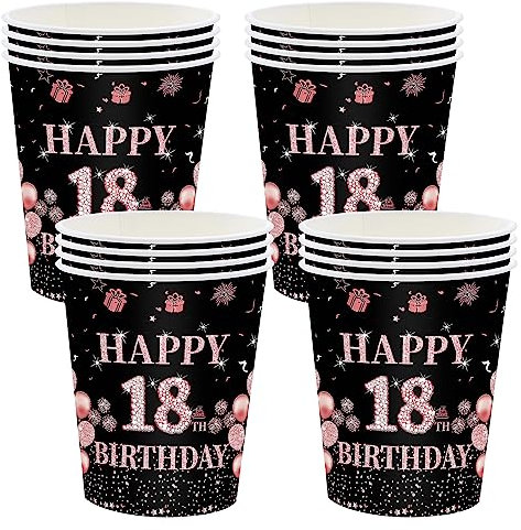 16 PCS Gobelets Jetables Anniversaire,Gobelets Carton Jetables Decoration Anniversaire 18 Ans,Kit Vaisselle Jetable Anniversaire Homme/Femme,Joyeux Anniversaire Decoration Anniversaire Noir et Rose Or