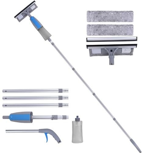Herramienta Limpiacristales con Rociador, Kit de Limpieza 3 en 1 con Poste de Extensión, Rasqueta de Cristal Profesional de 190cm con 3 Paños de Microfibra para Automóviles y Ventanas Exteriores Altas