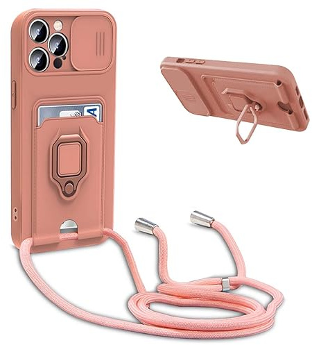BGHHEU Coque avec Cordon pour iPhone 13,Collier pour Étui Colliers de cellulaire Réglable Corde Silicone Souple Case,Protection de la Caméra,Support,Porte Cartes - Pink