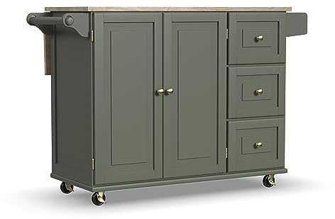 Homestyles Carrito de isla de cocina móvil con parte superior de madera y barra de desayuno Dropleaf, color verde salvia