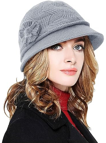 CheChury Strickmütze Damen Wollmütze Grobstrick Wintermützen Warme Frauen Beaniemütze Retro Fedorahüte Frauen Glockehut Kaschmir Mütze Damen Bowler Hut Winter Strickmütze mit Schirm Melone Hut,Grau