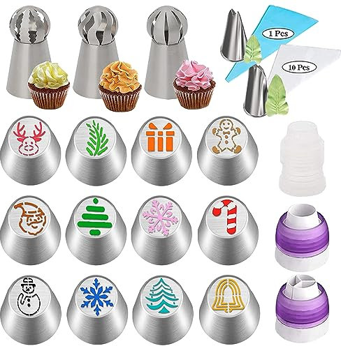Sac a Poche,Natale Beccucci Sac a Poche,Saccapoche per Dolci Professionale,Beccucci Piccoli in Acciaio Inox per Decorare Torte,Beccucci Russi, Per Decorazioni Torte,Accessori Da Forno,Kit per Dolci