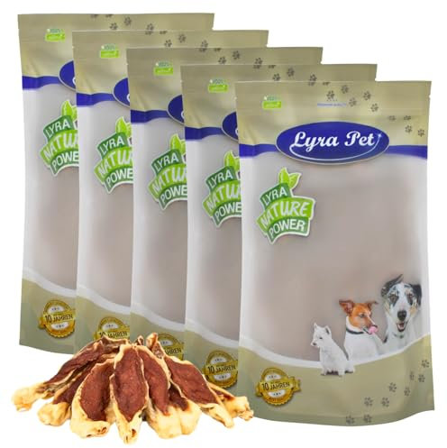 Lyra Pet® 5 kg Kaninchenohren gefüllt mit Huhn | Geschmackvoller Kausnack | Leckerli auch für Welpen und ältere Hunde | Weicher Kaugenuss | Fettarmes Hundefutter | Wiederverschließbar