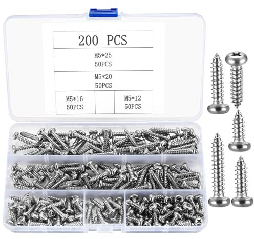 200 Stück M5 Holzschrauben Set, Selbstschneidende schrauben Set,Selbstschneidende Blechschrauben, Kreuzschlitzschrauben, Edelstahl Linsenkopfschrauben für Kunststoff Holz Metall