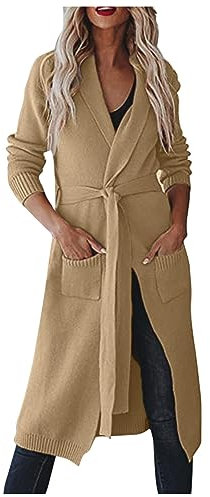 Cardigan Damen Herbst Winter Mantel mit Gürtel Damen Gestrickte Freizeit Strickjacke Damen Lang Outwear Elegant Jacke Lange Casual Chic Fleecejacke Für Frauen Khaki S