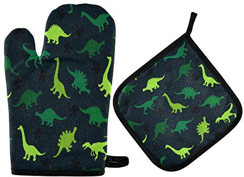 Segur Bunte Dinosaurier-Ofenhandschuhe, Topflappen-Set, grünes Tier, rutschfest, Kochen, Küchenhandschuhe, waschbar, hitzebeständig, Ofenhandschuhe für Mikrowelle, Grillen, Geschenk