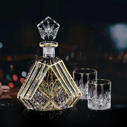 NBNSTHV Hand-painted Gold Decanter Set for Men - Whiskey Decanter, Wine Aerator, and 2 Glasses, 600ml Capacity