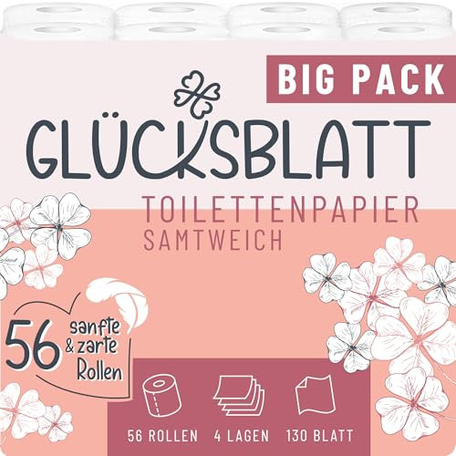 Glücksblatt Papier toilette doux 4 épaisseurs, 48 rouleaux x 130 feuilles, 100 % cellulose, papier toilette super doux avec gaufrage bonheur, idéal pour le camping, emballage d'au moins 30 % de PCR