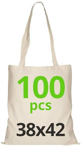 Baumwolltasche 38x42 cm, Packung mit unbedruckten Taschen, lange Träger, widerstandsfähige Stofftaschen, wiederverwendbare Einkaufstasche zum Bedrucken oder Bemalen, 38x42cm, Natur, 100 Stück