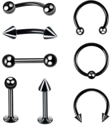 8 Stück 16G Schwarz Chirurgenstahl gerade gebogene Hanteln Hufeisen Schlangenaugen Zunge Nippel Bauch Augenbraue Nasenringe Ohrstecker Knorpel Mund Hoop Piercing Schmuck Damen Herren