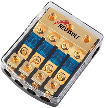 RED WOLF ANL Fuse 60A, 0/2/4 Gauge in 4/8 Gauge Out Copper Fuse Distribution Block for Car Boat Trolling Motor Marine Audio Amplifier Stereo Video System 12V (4 Way)