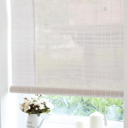 Sh000ad Weiß Bambusrollo Jalousie,Bambus-Rollos für Fenster,Verdunkelungsrollo,Filterlicht Raffrollos,Sichtschutz,Sonnenschutz Vorhang,für Innen/Außen,Anpassbar,Breite x Höhe (50cm x 180cm)