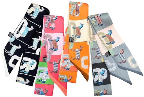 SansHeBe 4 x Tachenschal für Handtaschen, Seide, Kopftuch für Haare, modisch, schmaler Schal für Damen, langes Halstuch, Schwarzes Pferd, Medium