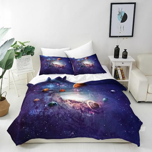 ANHOPE Weltraum Planeten Galaxie Bettwäsche Set 3 Teilig Bettbezug 155x220 cm + 2 Kissenbezug 80x80 cm Weich Microfaser Bettbezüge Set mit Reißverschluss Bettdeckenbezug für Kinder Jungen Mädchen
