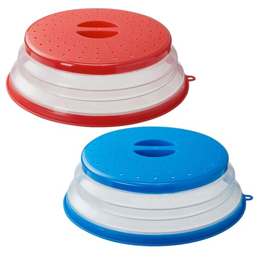 König Design 2 Stück Mikrowellen Abdeckung Faltbar, Deckel für Mikrowelle, Abdeckhaube für Mikrowellendeckel, Hoch Mikrowellen Spritzschutz, Faltbare Mikrowellenabdeckung mit 2 Haken Rot & Blau