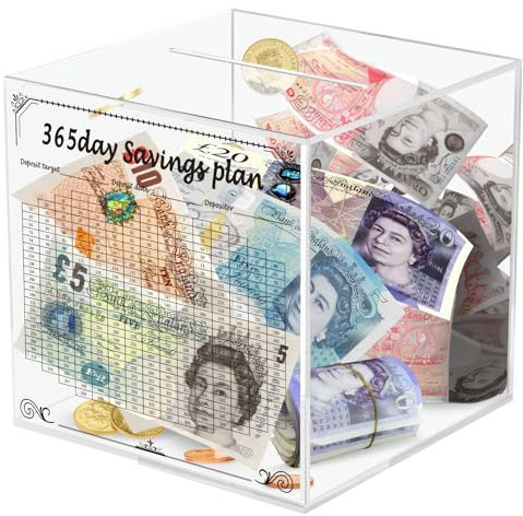Viitech Acryl Transparente Sparbüchse, 15 x 15 x 15 cm Muss zum Öffnen Zerbrochen Werden mit 365-Tage-Sparplan und Stift, Quadratische Durchsichtig Sparschwein aus Acryl für Budget und Sparen