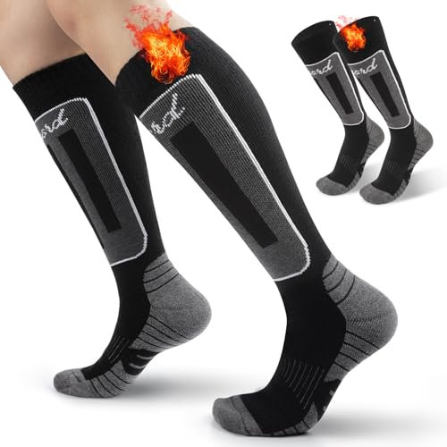 Funyord 2 Paia Calze Sci in Lana Merino Per Uomo, Calze da Sci Calze Termiche al Ginocchio Per Sci, Snowboard, Escursionismo, Sport Invernali (Stile 2, L, 43-46)