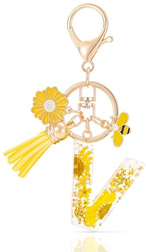 MWOOT Letter Keychain Initiale Schlüsselanhänger Buchstabe V,Alphabet Harz Blume Key Chain mit Gänseblümchen Biene Quaste Anhänger Handtasche Geldbörse Charm,Gelb Blütenblatt Keyring für Frauen(V)