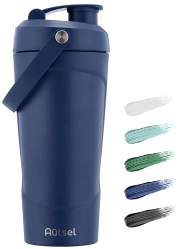 Autsel Stainless Steel Protein Shaker Bottle with Handle, 750ml Metal Protein Shaker with MixBall, Insulated Water Bottle for Gym, BPA Free