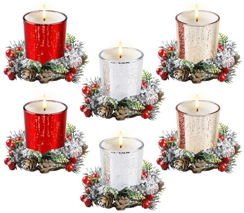 6 Stück Weihnachten Teelichthalter, mit Kerzenring, Weihnachten Teelichtgläser, Weihnachtskerzenhalter, Christmas Decorations, Tischdeko, mit Weihnachtskranz, Geeignet für Weihnachten, Hochzeiten