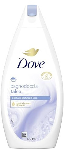 Dove Bagnodoccia Talco, Formula con Idratante Dermo-Naturale, con 1/4 di Crema Idratante, Dermatologicamente Testato, Bagnoschiuma Uomo e Donna, 100% Bottiglia Riciclata* 450 ml