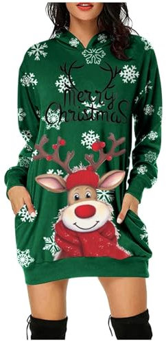 Weihnachtskleid Damen Weinglas Druck Merry Christmas Hoodie Kleid Damen Weihnachtspullover Weihnachtskleider Rentier Print Kleid Langes Weihnachten Kleider Elegant Oberteile