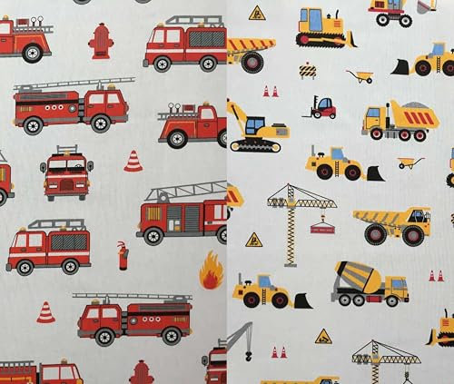 2m Theo Stoffpaket: Keine Meterware, 2x1x1,6m Baumwollstoff Stoffset, Stoffe zum Nähen, Stoffe für Kinder, 100% feste Baumwolle - Jungen Kinderstoff mit Feuerwehr und Baustellenfahrzeuge