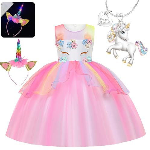 YOUYIKE Robe Licorne Enfant de Princesse, Princesse Robe et Accessoires, Déguisement de Licorne pour filles, Déguisement de Licorne pour Fête, Anniversaire, Carnaval et Cosplay(130)