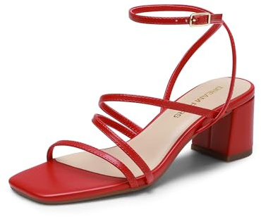 DREAM PAIRS Womens Block Heels Strappy Sandals | chunky heel, dazzling rhinestone strappy design, 4mm high-resilience latex insole, square toe