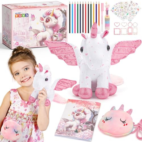deAO Unicornio Juguetes Niñas, Juguete de Peluche Unicornio, Juego de Unicornio para Niñas, Bolígrafo de Unicornio*2, Crayones*12, Cartera de Unicornio, Regalos de Unicornio para Niños de 3 a 8 Años
