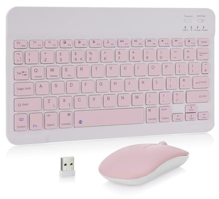 MAYPHY Wireless Mini Keyboard Mouse Combo, Portable Bluetooth Keyboard, 2.4G /BT Dual Mode for iPad, Tablets, Laptops, Silent Keys & Compact Design, UK Layout, Pink