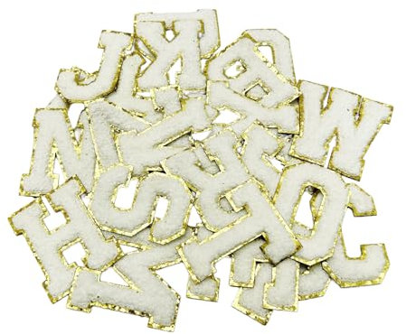 Bliceon 26 Pcs Self-Adhesive Chenille Letter Patches A-Z, Iron-On Alphabet Letters for DIY Clothing, Fabric, Shoes, and Bags, White Embroidered Patches for Personalization and Crafts
