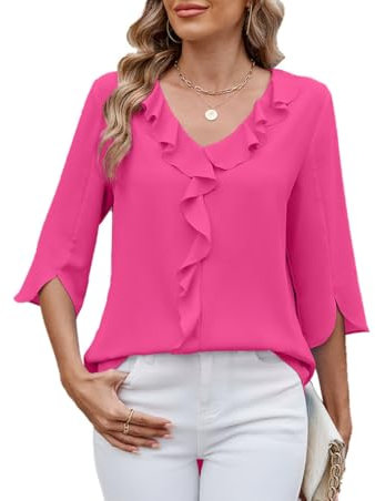 ROFUSSO Chemisier pour Femmes Tops Elégant à Manches Longues Chemisier d'affaires Hauts à Manches 3/4 et col en V à Volants Chemisier D'Été Décontracté(Rose,L)