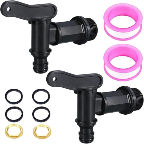 Alrens 2 Stück 3/4 Zoll Auslaufhahn Regentonne mit Kupfer Dichtung Kontermutter Regentonne Hahn Kunststoff mit Zubehör für Regenfass Wassertank Regenwassertonne Garten Industrie Haushalt (Schwarz)