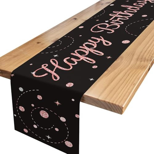 Tischläufer Geburtstag Rosegold Schwarz, Tischdecke Geburtstag mit Konfetti, Happy Birthday Tischläufer zum Geburtstag, Tischdeko Geburtstag für Junge Mädchen Party Geburtstagsdeko, 180 x 35 cm