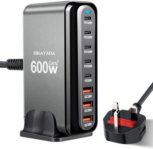 600W USB C Charger 8-Port Fast GaN Charger 140W/100W/30W USB C Charging Station Multi Port Power Adapter for Laptop, MacBook Pro, Dell XPS, iPad, iPhone, Samsung
