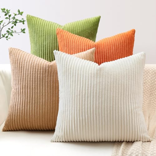 JOTOM 4er Set Cord Kissenbezüge Kissenhülle Dekorative Zierkissen Couchkissen Sofakissen Dekokissen Kordsamt Kissenbezug Deko Kissenhülle für Sofa Wohnzimmer (40x40cm, Orange Grün)