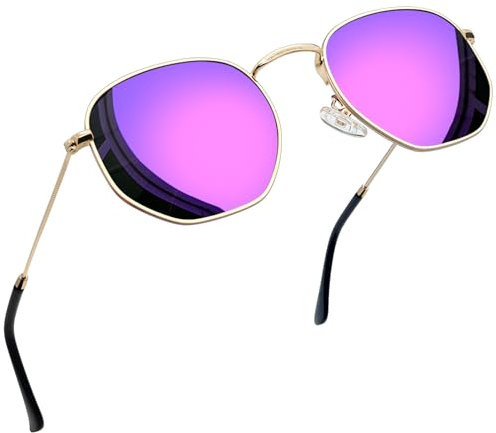 Joopin Coole Hexagonal Sonnenbrille Damen Polygon Runde Polarisiert Retro Herren Brille Lila Verspiegelt mit Sechseckige Metallrahmen (Gold Violett Verspiegelt)