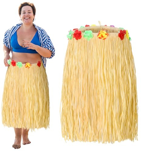Mepase Hula-Rock in Übergröße für Damen, Bastgras mit Blumen, 137,2 x 76,2 cm, verstellbar, natürlicher hawaiianischer Hula-Rock