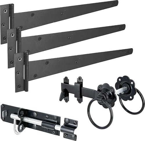 IRONTITE® Black Gate Latch Kit with 300mm (12) T Hinges and Brenton Bolt. Garden Gate Kit Includes Garden Gate Hinges for Wooden Gates, Brenton Garden Gate Bolt, and Ring Gate Latch.