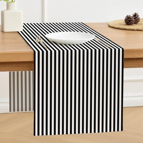 Luzzxfa Tischläufer Schwarz Streifen Modern Frühling Tischläufer Dekoration Tischdecke Tischdeko Outdoor Leinen Table Runner Abwaschbar für Hochzeit Esszimmer Party Urlaub Dekor 33 x 183 cm