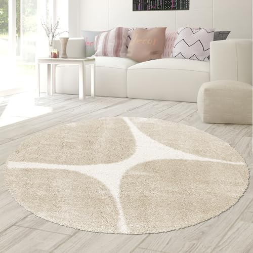 Teppich-Traum Teppich für Wohnzimmer Schlafzimmer Wohnraum Hochflor modernes Design weich pflegeleicht langlebig dekorativ stilvoll edel harmonisch Beige 200 cm Rund