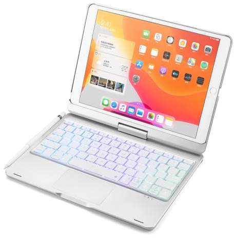 JZCZMCE Tastatur Hülle für iPad 10,2 Zoll 9. 8. 7. Generation (2021/2020/2019)/Pro 10,5 Zoll/Air 3. Generation, 360° Drehbar, 7 Farben Hintergrundbeleuchtung mit Trackpad & Stifthalter,Silber