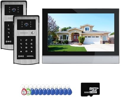 Videocitofono Tuya Wi-Fi 1080P, videocitofono, monitor touch da 10'', videocitofono, telecamera for porta, di sicurezza con password RFID Notifiche in tempo reale(2v1 10inch 32G Card)